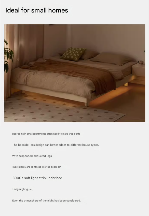 Solid Oak Wood Platform Bed - No Headboard, Cream Finish - Modern Minimalist Bedroom Furniture for Small Spaces & Loft Apartments