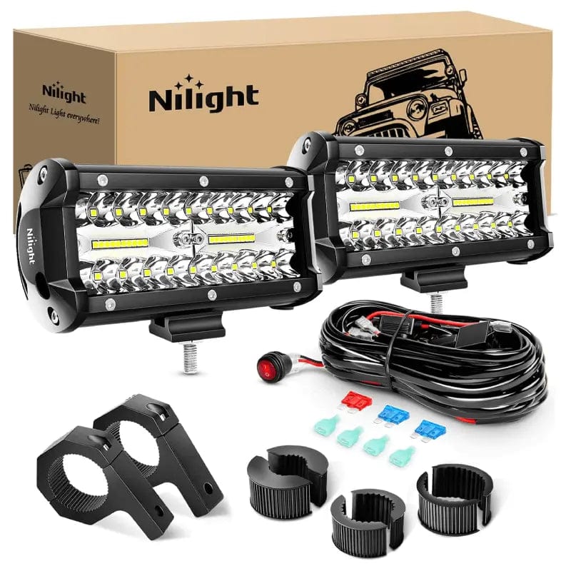 6.5 Inch 120W Triple Row Spot Flood LED Light Bars (Pair) - Heavy Duty Horizontal Bar Tube Clamp - 16AWG Wire with 3Pin Switch - Perfect for Off-Road Trucks, ATVs, UTVs & Marine Applications