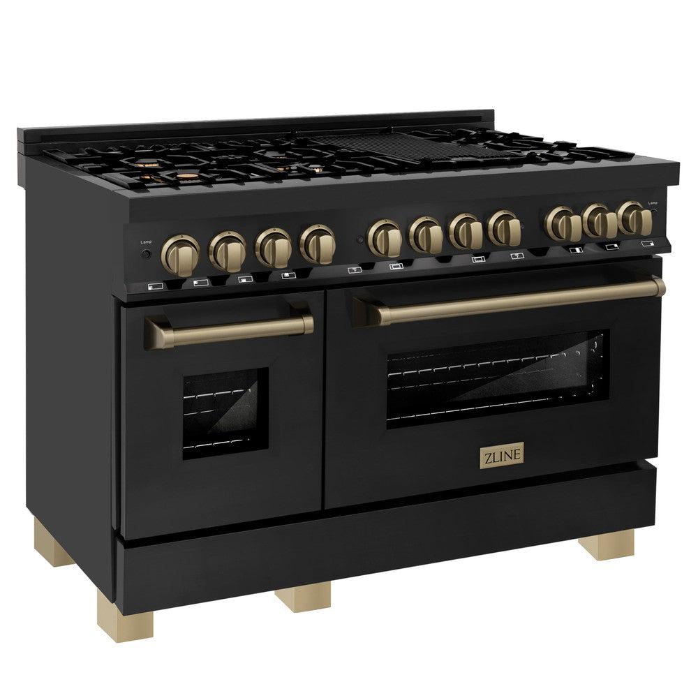 ZLINE Autograph Edition 48-inch Black Stainless Steel Kitchen Package - Dual Fuel Range, Range Hood, Dishwasher & Champagne Bronze Refrigerator | Premium Kitchen Appliances for Modern Homes & Professional Chefs