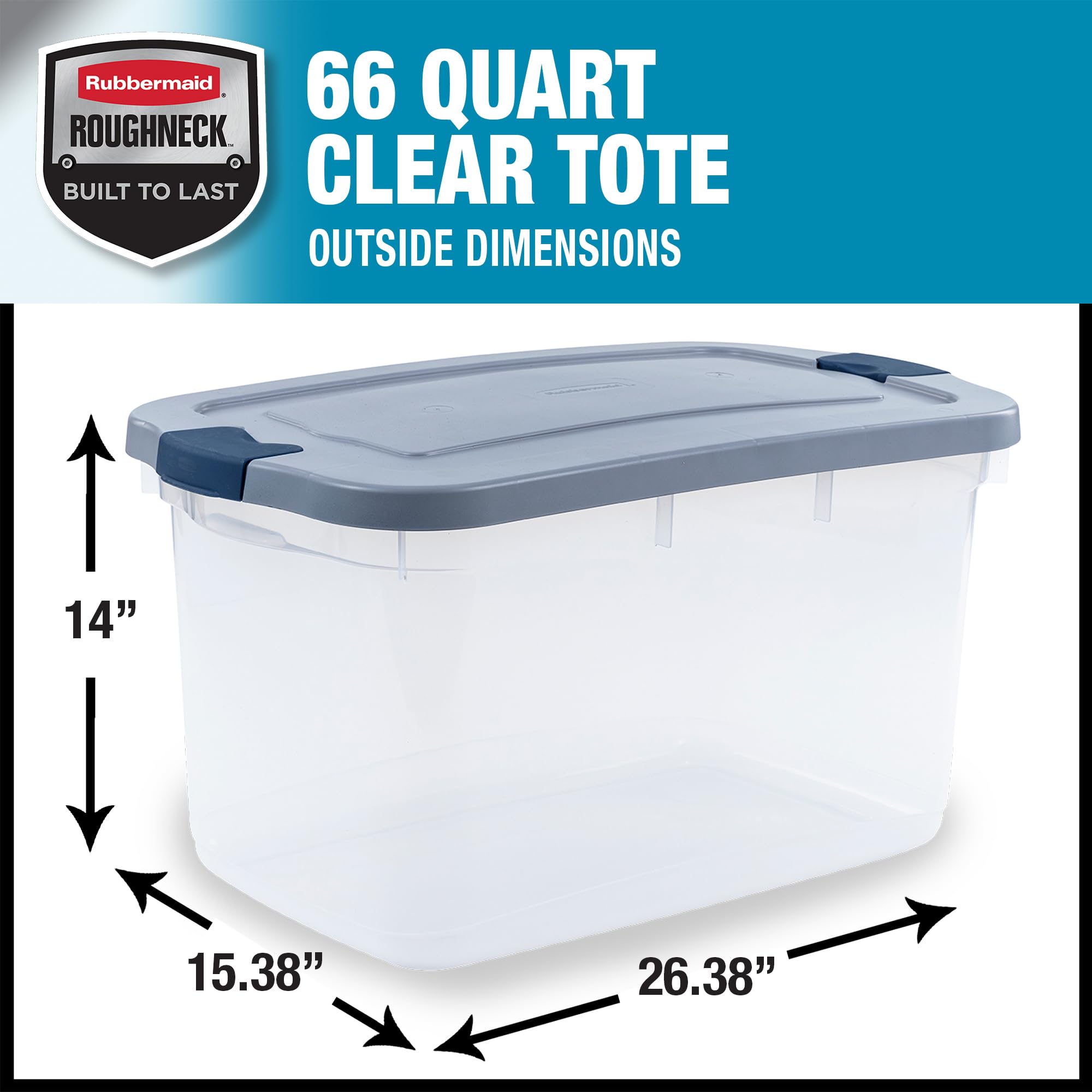 Rubbermaid Roughneck Clear 66 Qt (16.5 Gal) Storage Containers with Latching Grey Lids - 4 Pack, Durable Stackable Bins with Visible Base for Home Organization, Garage, Closet & Office Storage
