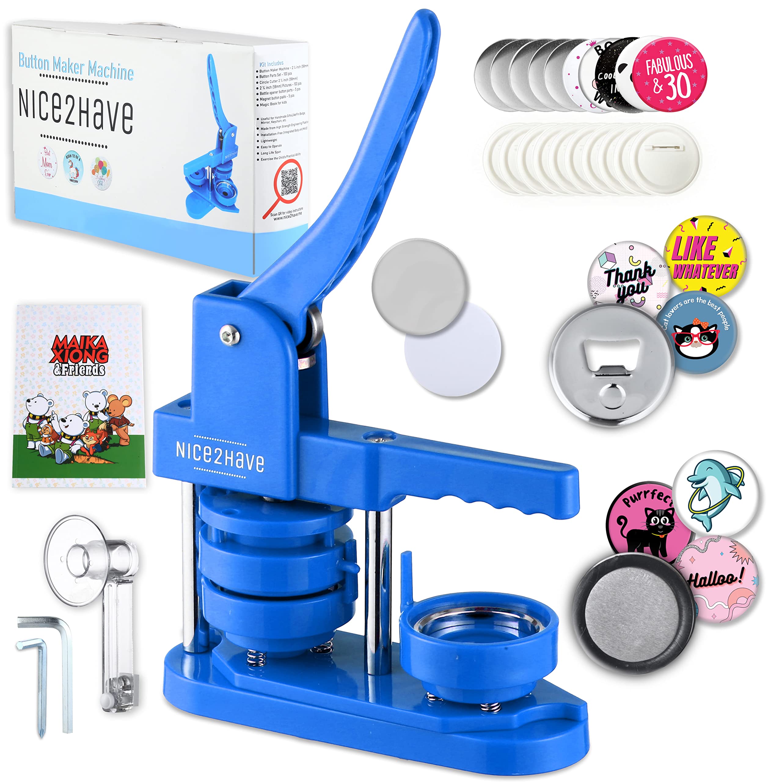 2.25 Inch (58mm) Button Maker Machine Kit - DIY Pin Badge Press with 100 Buttons, 5 Bottle Openers & Magnets + 500+ Free Designs (Circle Cutter & Magic Book Included) - No Installation Required for Custom Buttons, Pins & Promotional Items - Perfect for School Projects, Events, Fundraisers & Small Business Branding