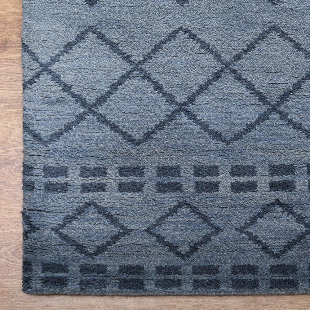 Hand Knotted Wool Geometric Area Rug 9'x12' Rectangle - Light Blue Modern Design, Medium Pile Handmade Carpet for Living Room, Bedroom | Durable Floor Covering for Home Decor & Interior Design (N01117)