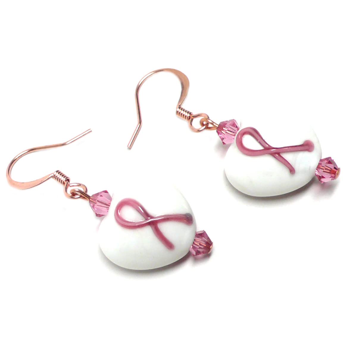 Pink Ribbon Awareness White Glass Heart Earrings - 14mm Copper Pierced or Clip On for Women - Perfect for Breast Cancer Awareness Events, Fundraisers & Everyday Wear