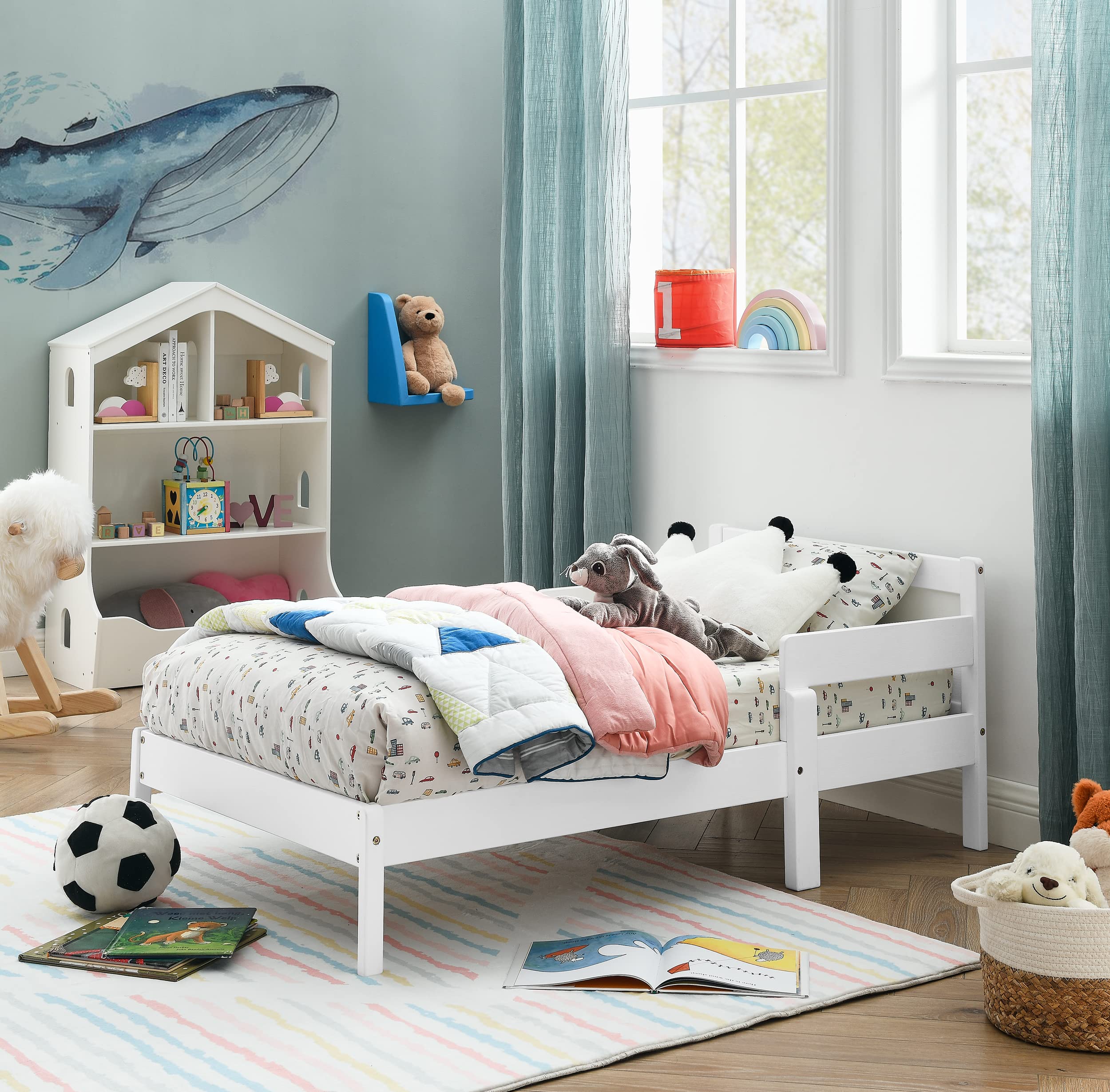 MUSEHOMEINC 2-in-1 Convertible Toddler Bed with Guardrails - Solid Wood Kids Bed Frame Transforms to Chair or Sofa - Fits Standard Crib Mattress (Mattress Not Included) - Perfect for Nursery, Daycare & Small Spaces