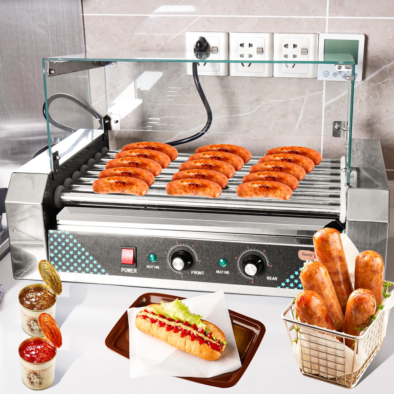 Commercial Electric Hot Dog Roller Machine - 7 Stainless Steel Rotating Rollers, Dual Temperature Control, Removable Drip Tray & Dust Cover - Perfect for Restaurants, Food Trucks, Home Kitchens & Indoor/Outdoor Events