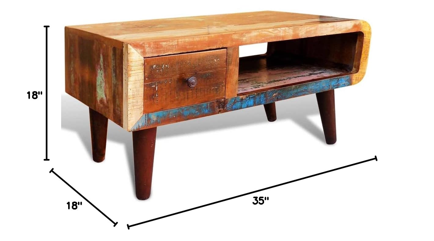 SKM Reclaimed Wood Coffee Table with Curved Edge and 1 Drawer - Perfect for Living Room, Lounge & Modern Home Decor