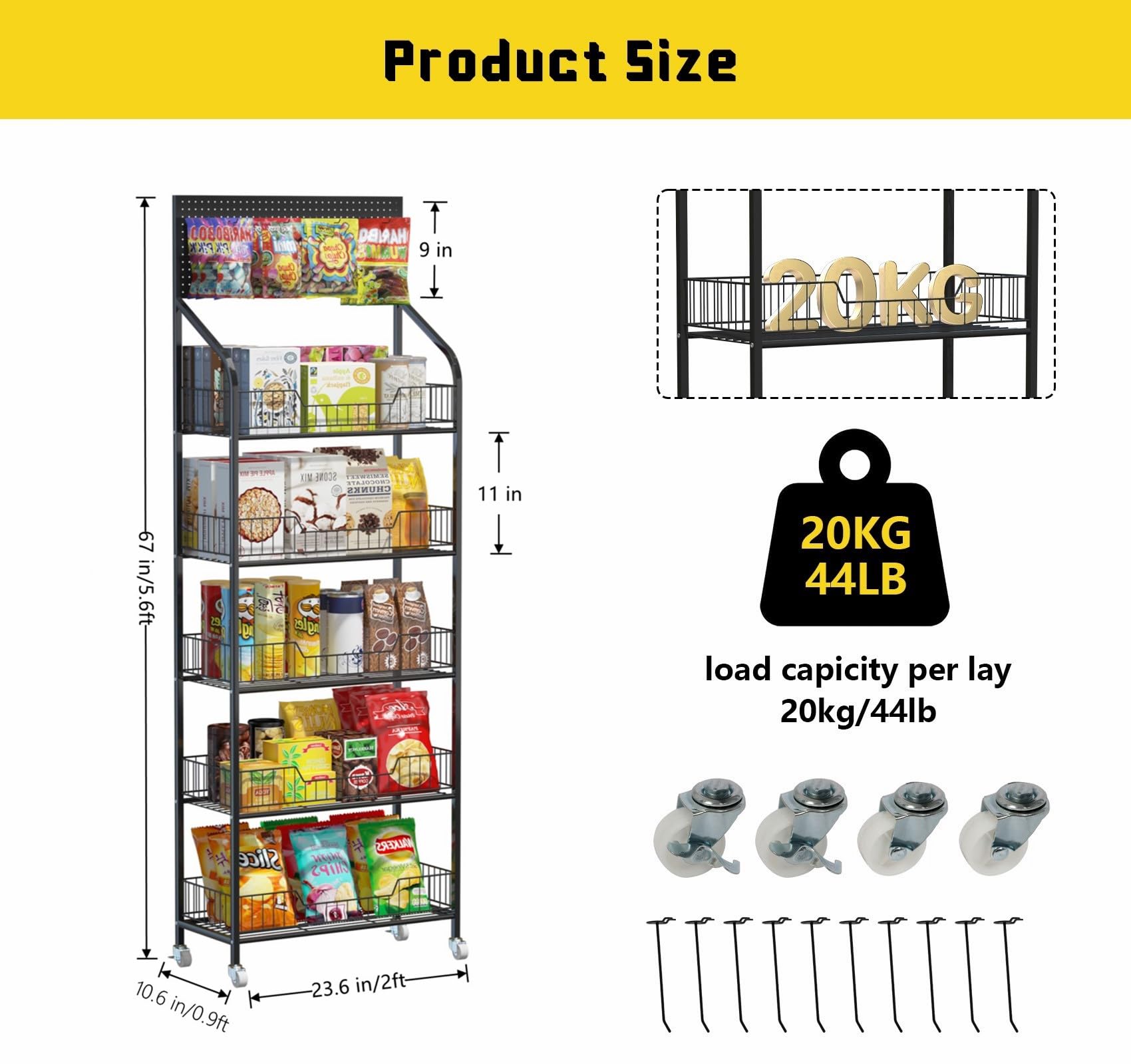 Nisorpa 5-Tier Metal Supermarket Display Rack with Wheels - Free Standing Snack Candy Organizer Cart for Convenience Stores, Home Kitchen - 23.6