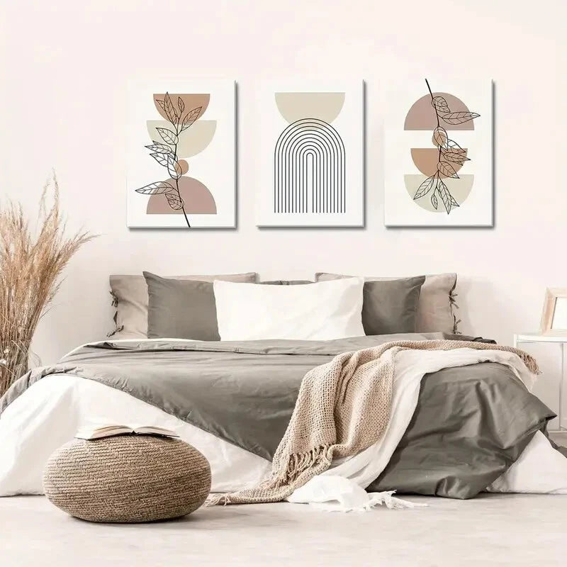 3-Piece Abstract Geometric Line Leaf Beige Botanical Metal Wall Art Prints - Ready to Hang for Living Room, Bedroom & Office Decor