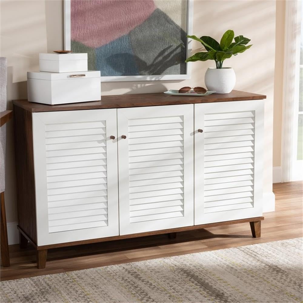 BOWERY HILL Modern Walnut 8-Shelf Shoe Storage Cabinet - Contemporary Shoe Organizer for Entryway, Closet & Bedroom Organization