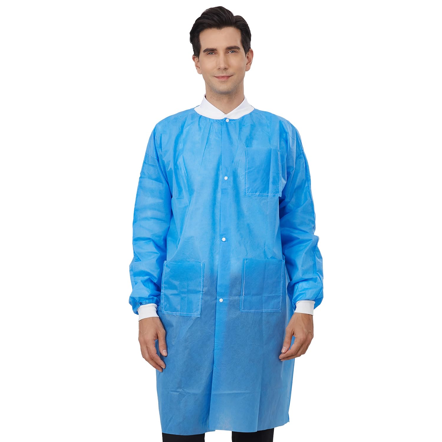 Greenour Disposable Lab Coat - Blue SMS Material with Pockets, Knitted Collar & Cuffs, Breathable & Fluid Resistant for Adults (Sizes M-2XL) - Ideal for Medical Labs, Hospitals, Research Facilities & Science Experiments