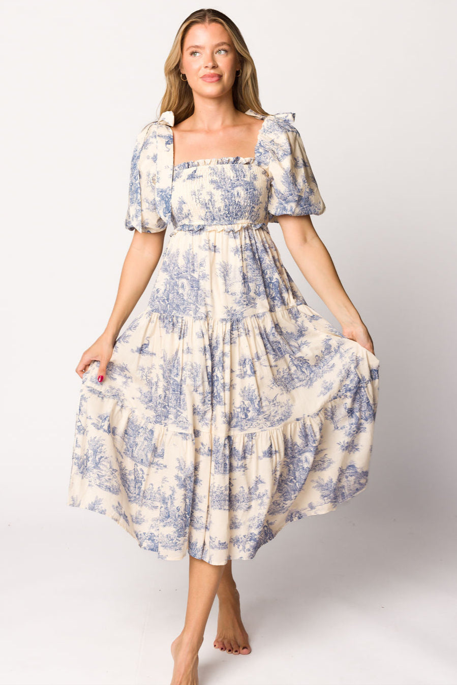 Elena 100% Cotton Toile Print Smocked Midi Dress in Blue - Bump Friendly Maternity Dress for Pregnancy, Nursing & Special Occasions | Perfect for Baby Showers, Brunch Dates & Summer Outings