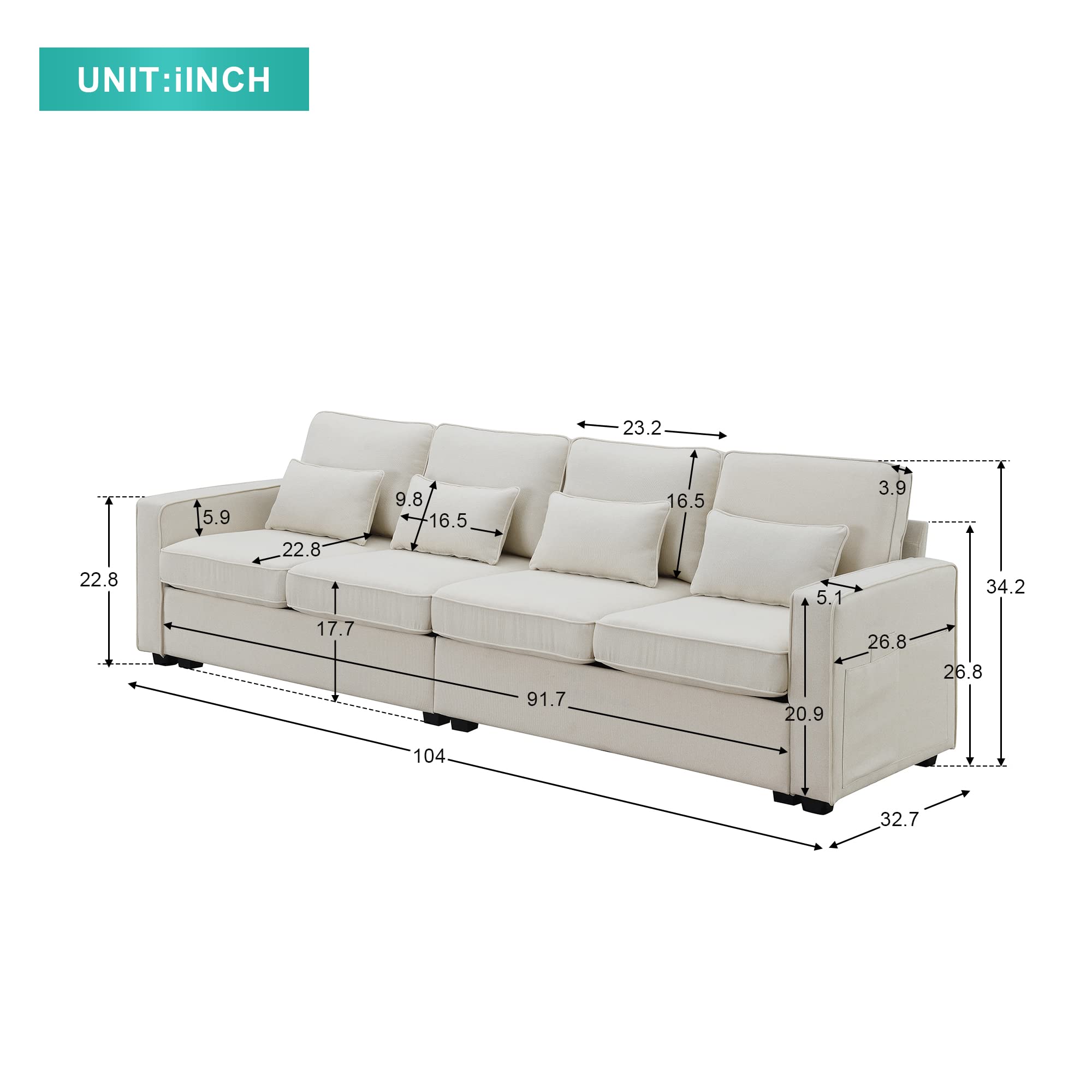 Modern 4-Seater Linen Fabric Sofa with Armrest Pockets & 4 Pillows - Minimalist Upholstered Couch for Living Room, Apartment, Office (Beige) | Perfect for Small Spaces, Family Gatherings & Cozy Home Decor