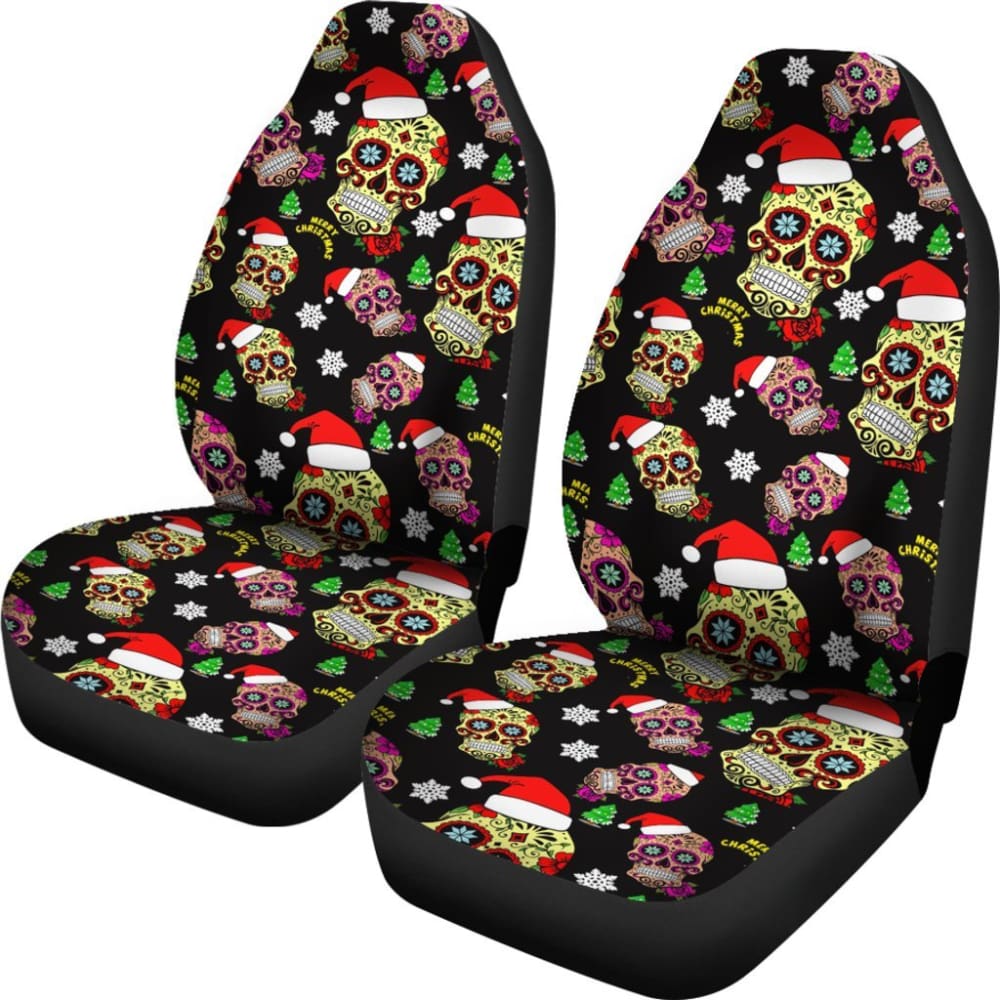 2 Pcs Christmas Sugar Skull Car Seat Covers - Gothic Dia de Los Muertos Style - Universal Fit for Cars, Trucks & SUVs - Perfect for Holiday Decorations & Day of the Dead Celebrations