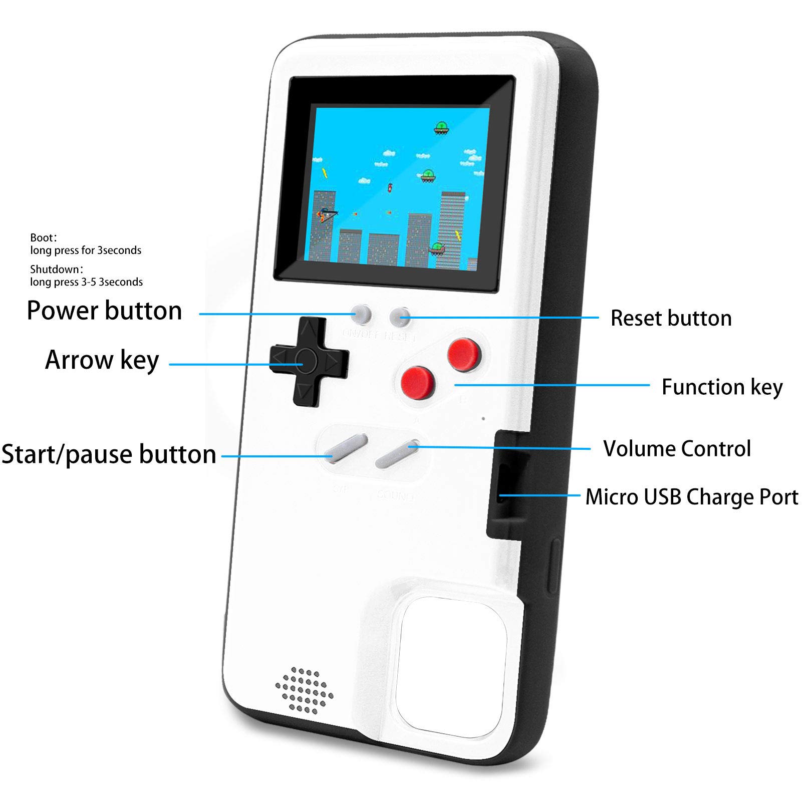 LucBuy Retro Game Console Case for iPhone 11 Pro Max - Shockproof Protective Cover with 36 Built-in Games & Full Color Display | Self-Powered Gaming Case | Perfect for Travel, Commuting & Entertainment (White)