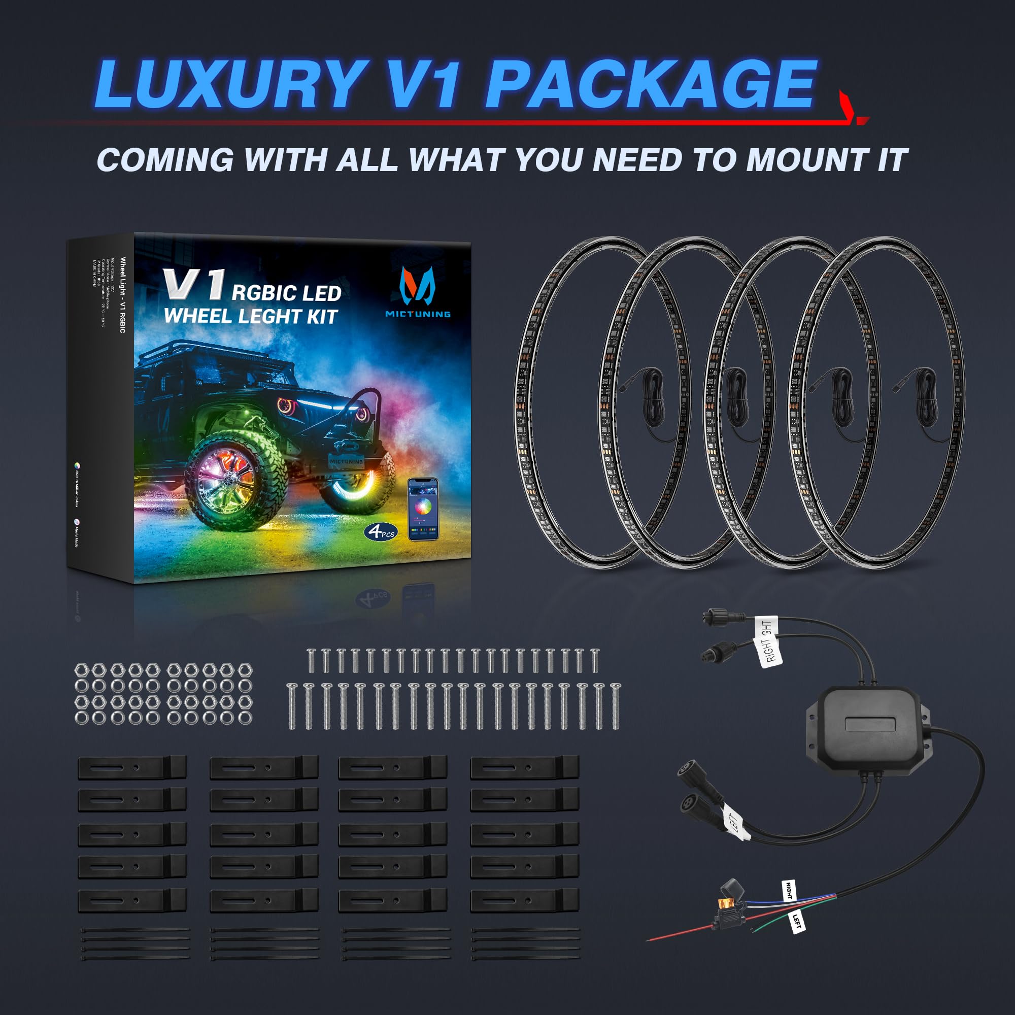 MICTUNING 15-inch RGB+IC LED Wheel Ring Lights Kit with APP Control - Dual-Row Color Chasing Neon Rim Lights for Trucks, SUVs & Cars | Turn Signal & Brake Light Effects | Perfect for Off-Roading, Car Shows & Night Driving
