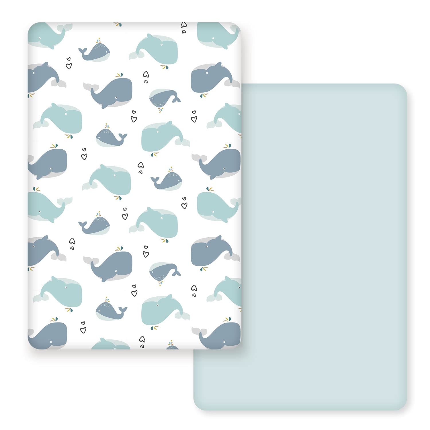 GRSSDER 2-Pack Stretchy Ultra Soft Jersey Knit Fitted Pack n Play Sheets - Universal Fit for Mini Cribs & Playards - Cute Whale Design for Boys & Girls - Perfect for Nursery, Daycare & Travel Use
