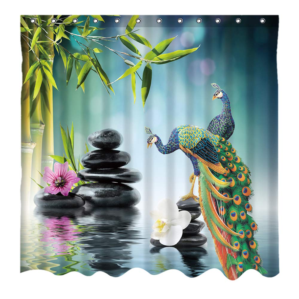 Blue Peacock Fabric Shower Curtain with Black Massage Stones & Green Bamboo Leaf Design - 60x70 Inch Bathroom Decor for Spa-Like Experience | Perfect for Couples' Retreat & Relaxing Bath Time