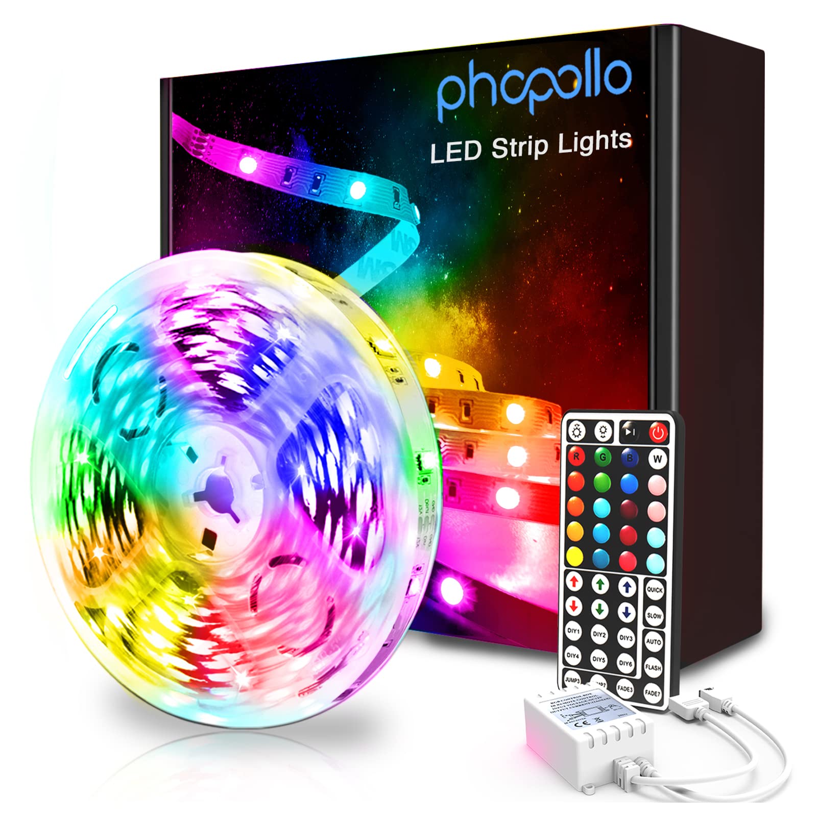 Phopollo 16.4ft RGB Color Changing LED Strip Lights Kit - 5050 Flexible Light Strips with Power Supply & 44-Key Remote Control for Bedroom, Gaming Setup, Home Decor and Party Lighting