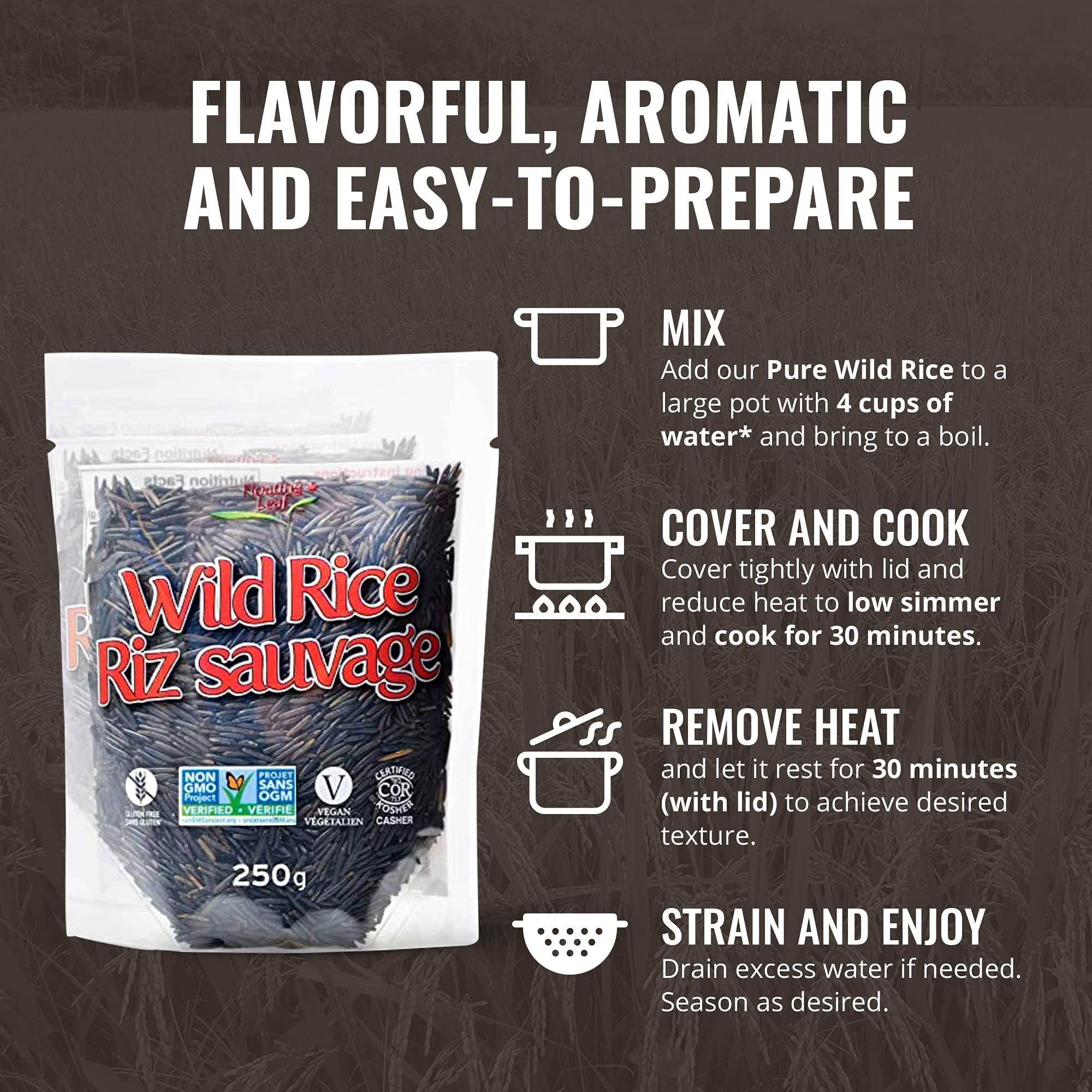 3 Packs x 8oz All Natural Wild Rice | Gluten Free, Non-GMO, Kosher & Vegan Certified | Pure Long Grain Healthy Food for Family | Perfect for Salads, Soups & Side Dishes | Floating Leaf Brand