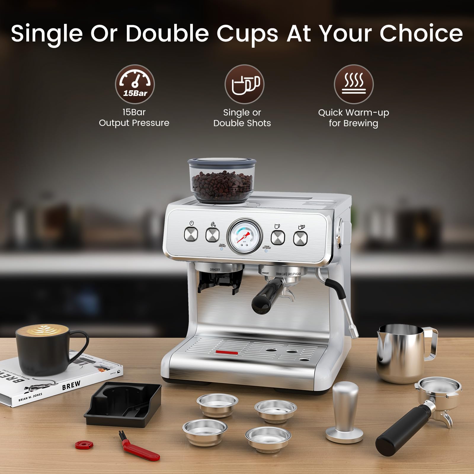 Premium 20 Bar Semi-Automatic Espresso Machine with Built-in Grinder & Milk Frother - Stainless Steel Coffee Maker with Steam Wand & Removable Water Tank - Perfect for Home Baristas to Make Latte, Cappuccino & Macchiato - Ideal for Kitchen, Office & Coffee Shop Use