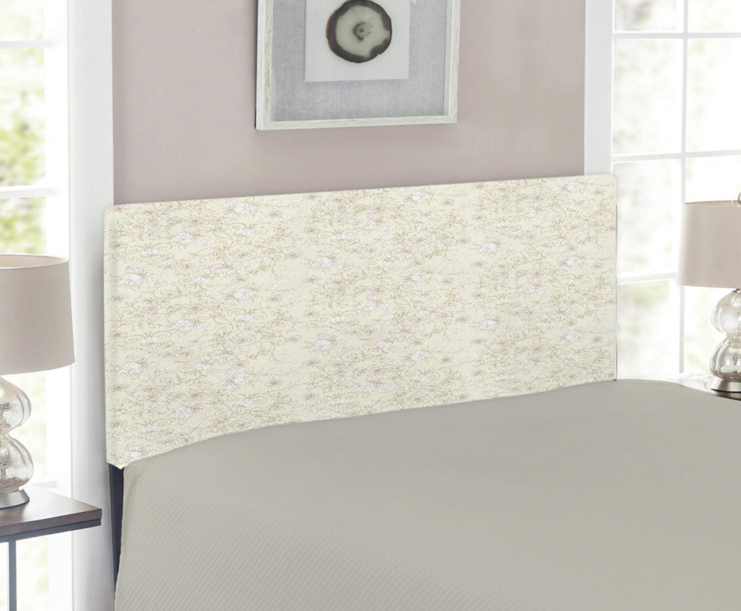 Ambesonne Ivory Upholstered Headboard with Floral Botanical Print - Twin Size Cream White Memory Foam Bed Headboard for Master Bedroom, Guest Room & Dorm Decor