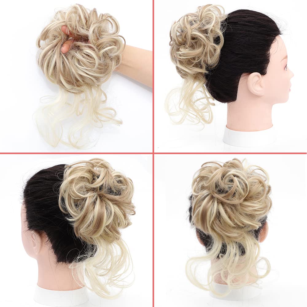 KETHBE Messy Bun Hair Piece - Tousled Updo Hair Extension with Elastic Band, Curly Hair Bun Scrunchie for Women (Highlights Blonde) - Perfect for Work, Parties & Everyday Styling