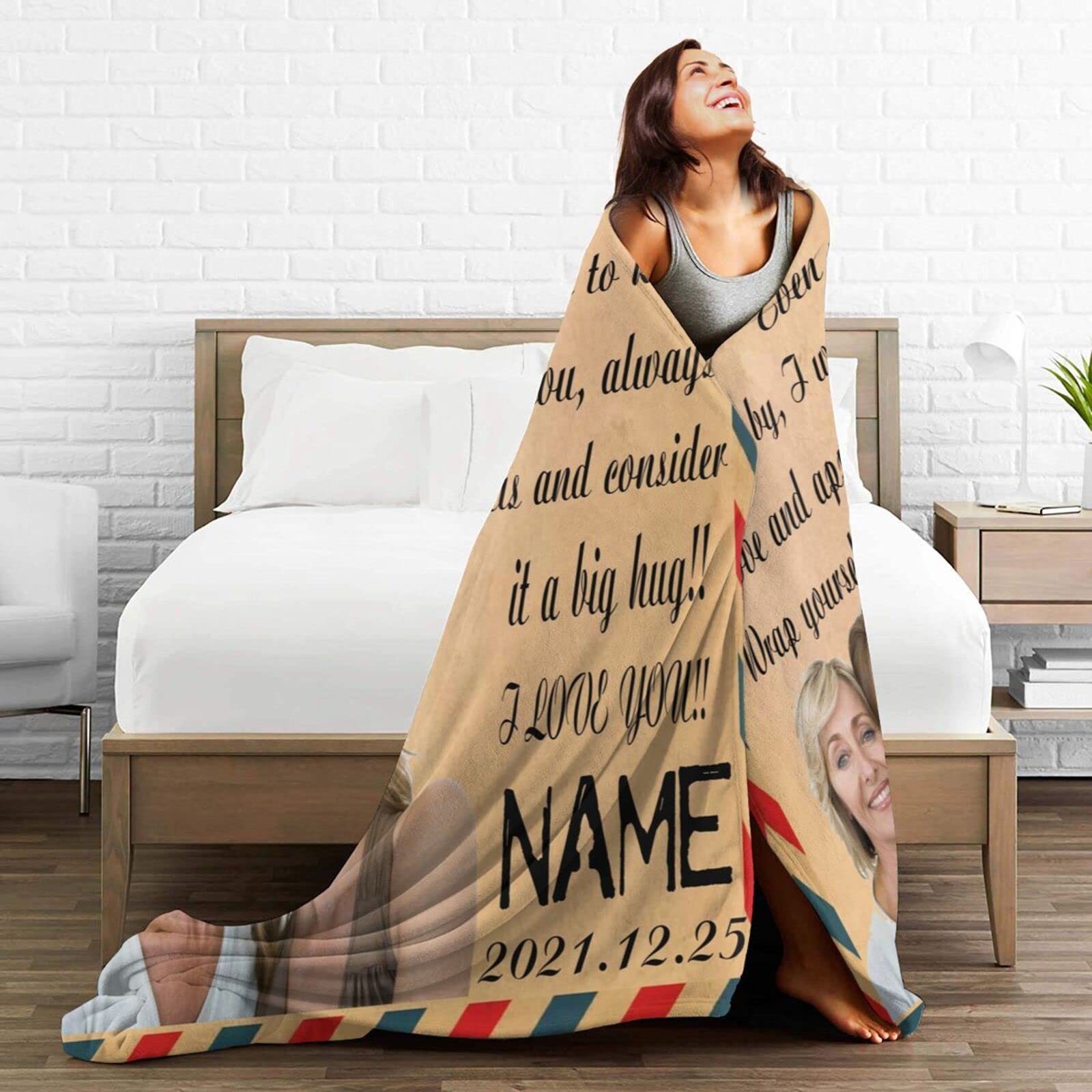 Custom Personalized Blanket with Name & Photo - Love Letter to Dear Mom - Soft Flannel Throw Blanket for Couch, Sofa & Bed - Perfect Gift for Mother's Day, Birthday & Christmas - Warm & Cozy Home Decor for Relaxing Evenings & Family Moments