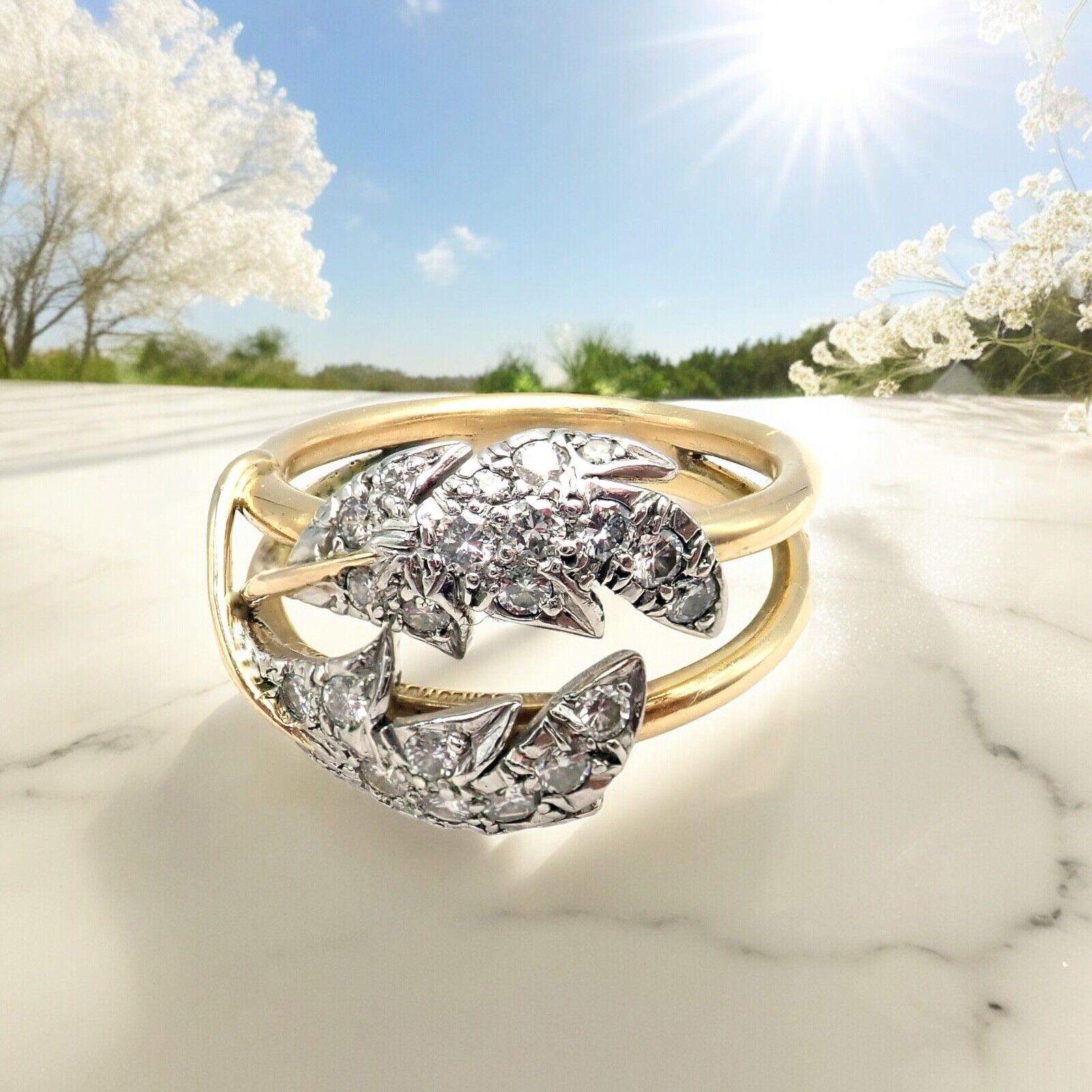 Authentic Tiffany & Co. Schlumberger Diamond Ring in 18K Yellow Gold & Platinum - Elegant Two Leaf Design for Weddings, Anniversaries & Special Occasions