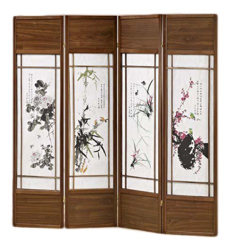 4 Panel Folding Room Divider with Asian Floral Design - Privacy Screen for Home, Office, Studio & Event Decor