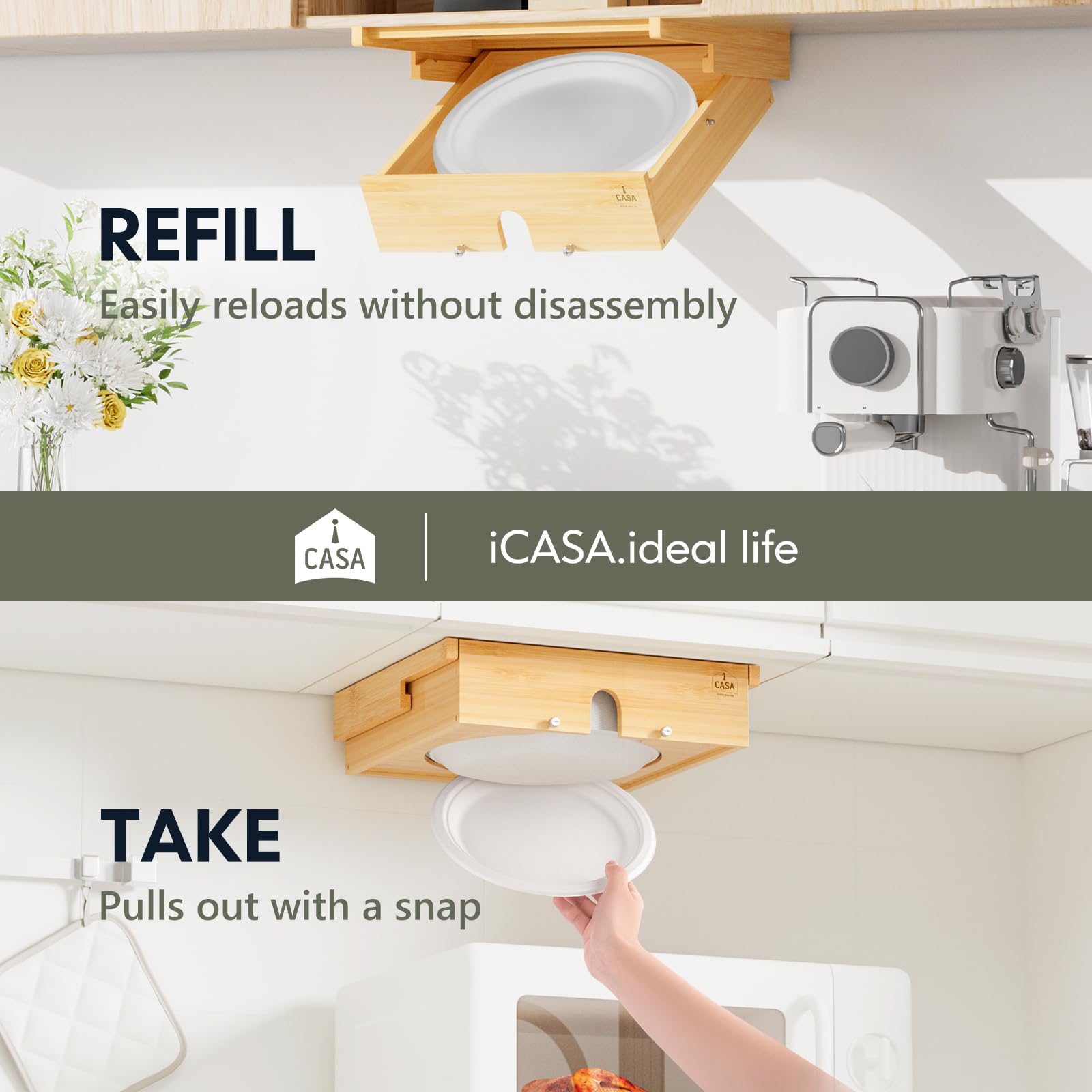 8-11 Inch Adjustable Paper Plate Dispenser | Upgraded Wooden Under Cabinet Plate Holder | Kitchen Organizer for Round Plates | Perfect for Parties, BBQs & Dining Room Storage