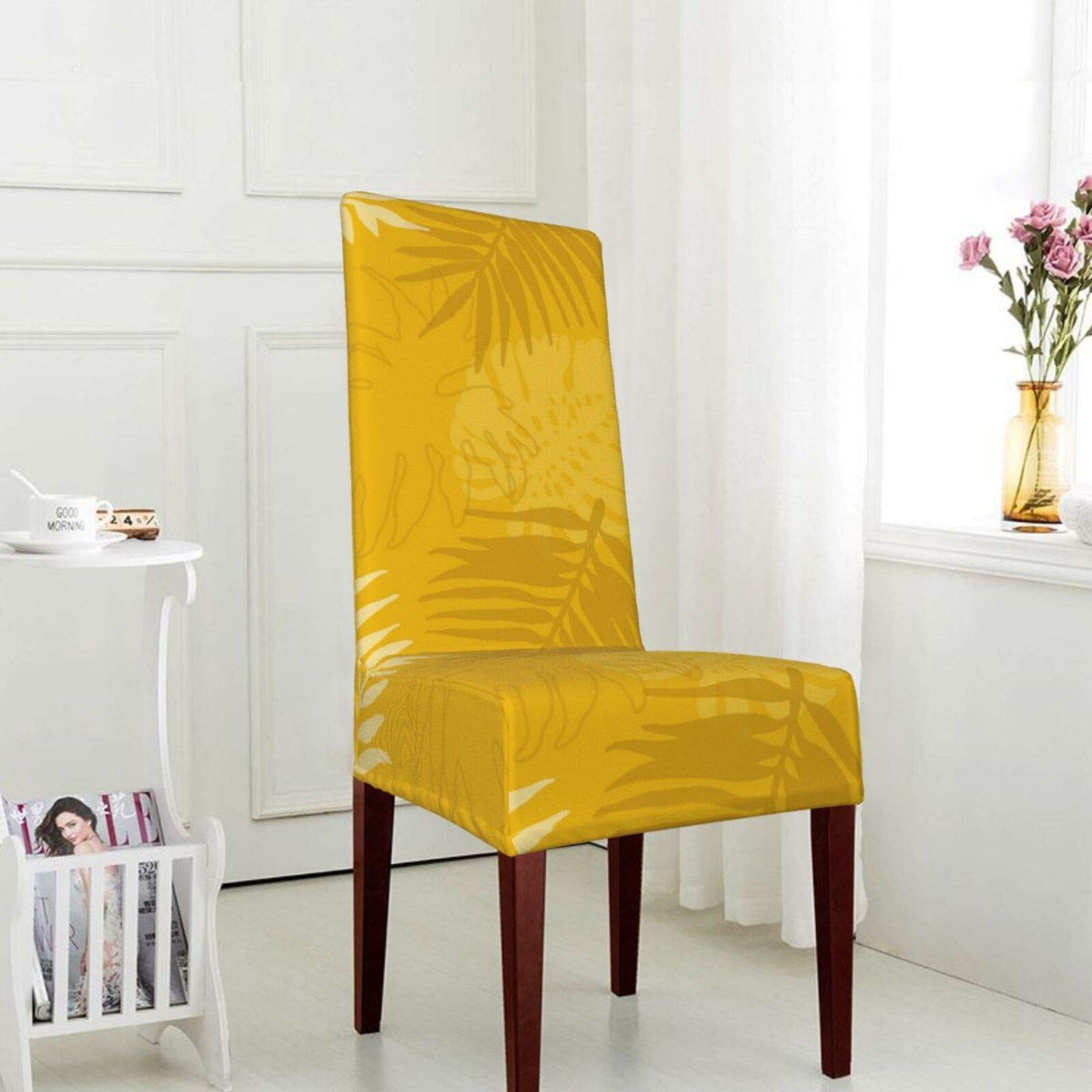 Tropical Mustard Palm Leaves Stretch Chair Slipcovers - Washable Dining Chair Covers for Home, Hotel, Restaurant | Perfect for Wedding, Banquet & Party Decor