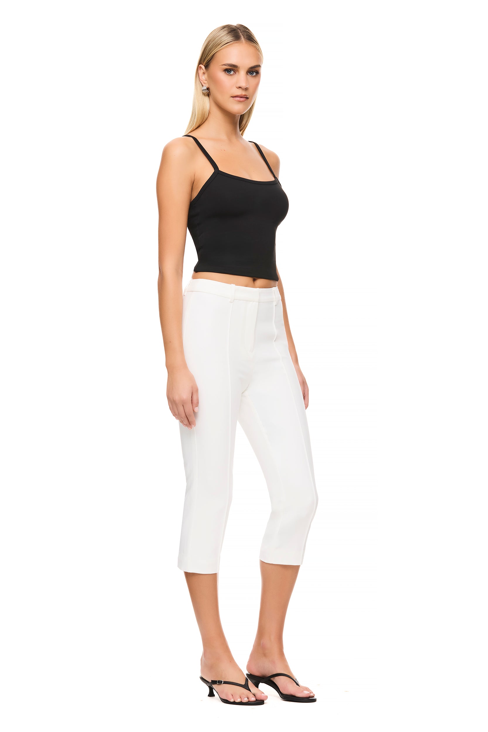 Dominique White Capri Pants for Women - High Waisted Summer Casual Stretch Pants | Perfect for Beach, Yoga, and Everyday Wear