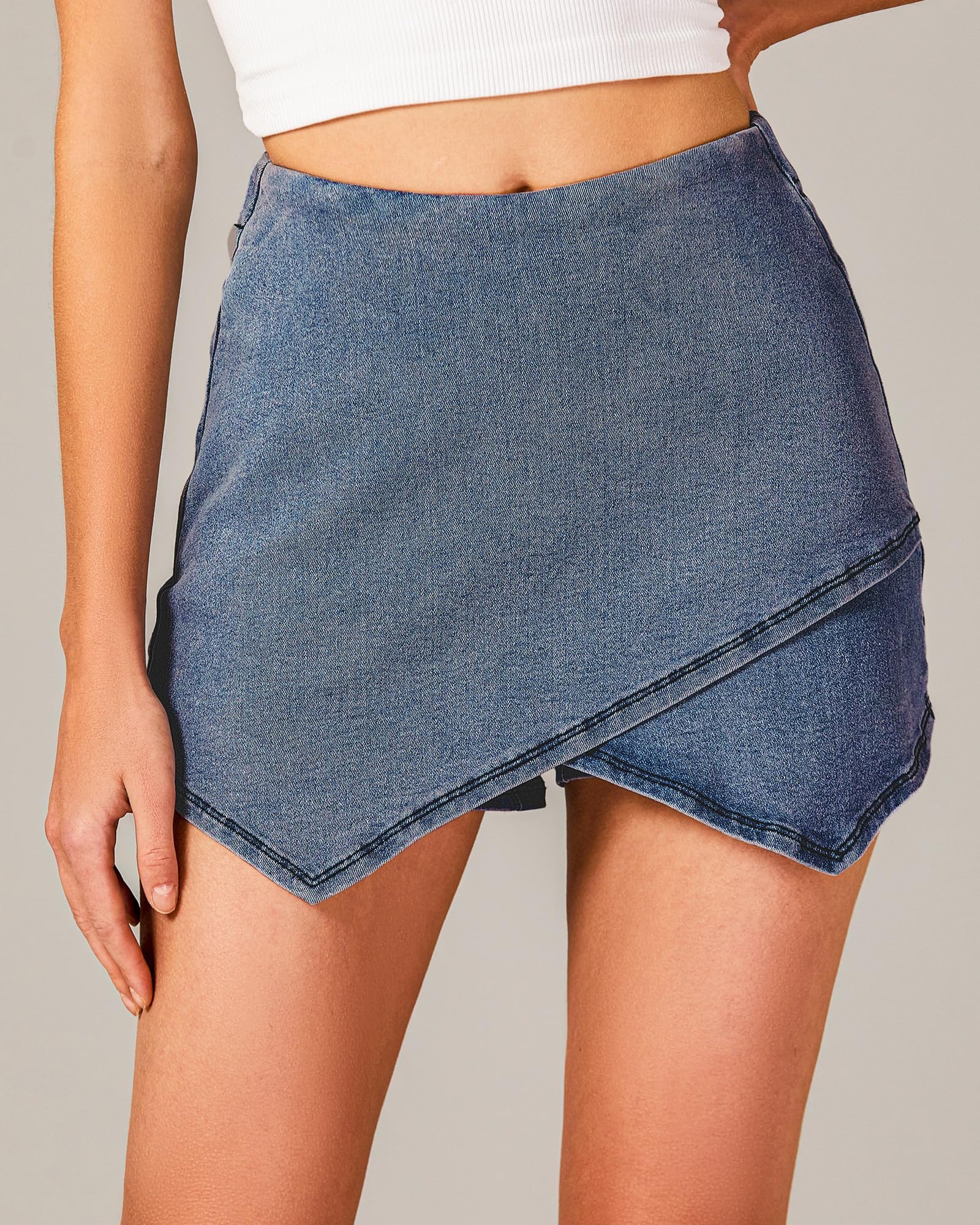 Luvamia High Waisted Jean Skorts for Women - Stretchy Pull On Denim Wrap Skirt with Built-in Shorts, Trendy Asymmetrical Design | Perfect for Casual Outings, Summer Vacations and Office Wear