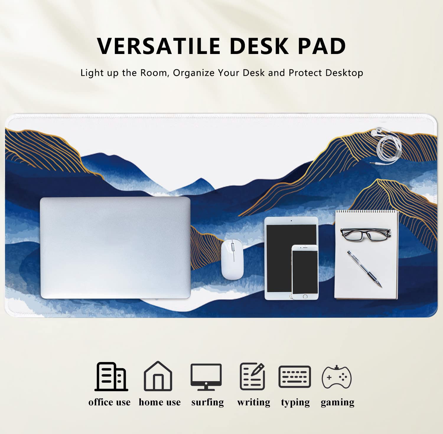 Blue Mountain Golden Line Gaming Mouse Pad - Extra Large Non-Slip Desk Mat (31.5x11.8 Inch) for Office & Home | Watercolor Oriental Design | Perfect for PC, Laptop, Keyboard & Gaming Setup