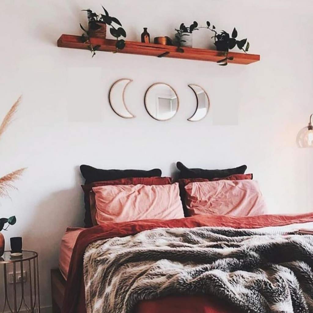 5PCS Removable Acrylic Mirror Set - Nordic Style Wooden Moon Phase Wall Mirror for Home Decor, Self-Adhesive No Drill Hanging, Perfect for Living Room, Bedroom & Office (Light White) - Create Elegant Boho Vibes & Enhance Small Spaces