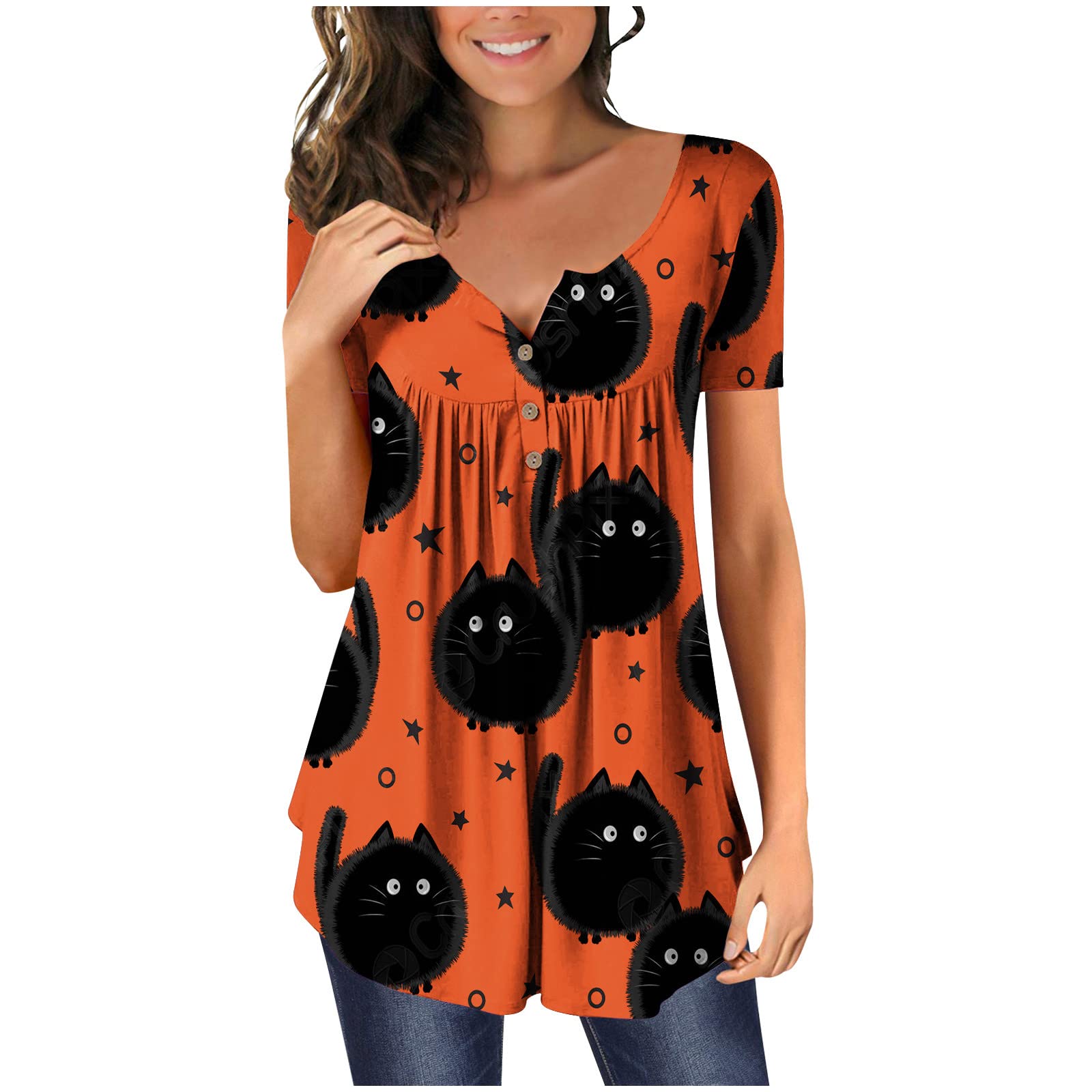 Women's Western Halloween Shirts - Short Sleeve Pumpkin Cat Print Casual T-Shirt | Funny Fitted Henley Neck Blouse Top for Costume Parties & Fall Fashion