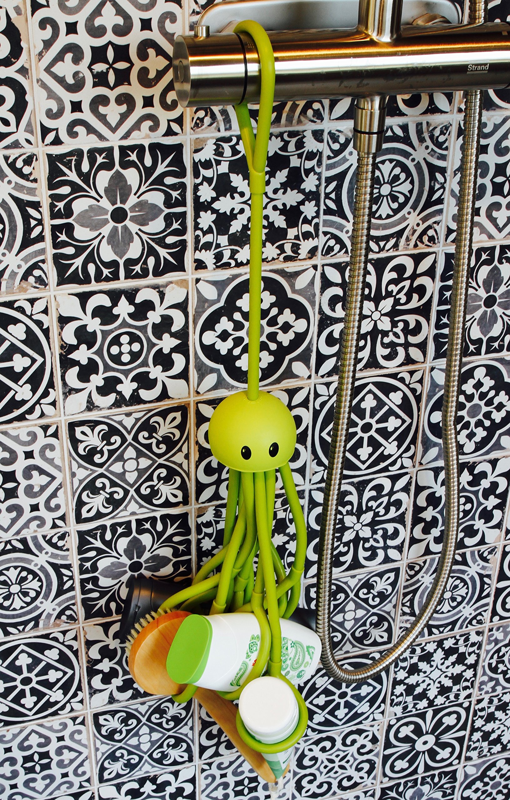 Formverkert Octopus Shower Caddy (Green) - 9-Slot Bath Organizer for Shampoo, Conditioner, Soap & Razors | Universal Size Fit | Swedish-Design Fun Bathroom Storage | Perfect for Small Showers & Kids' Bath Toy Organization