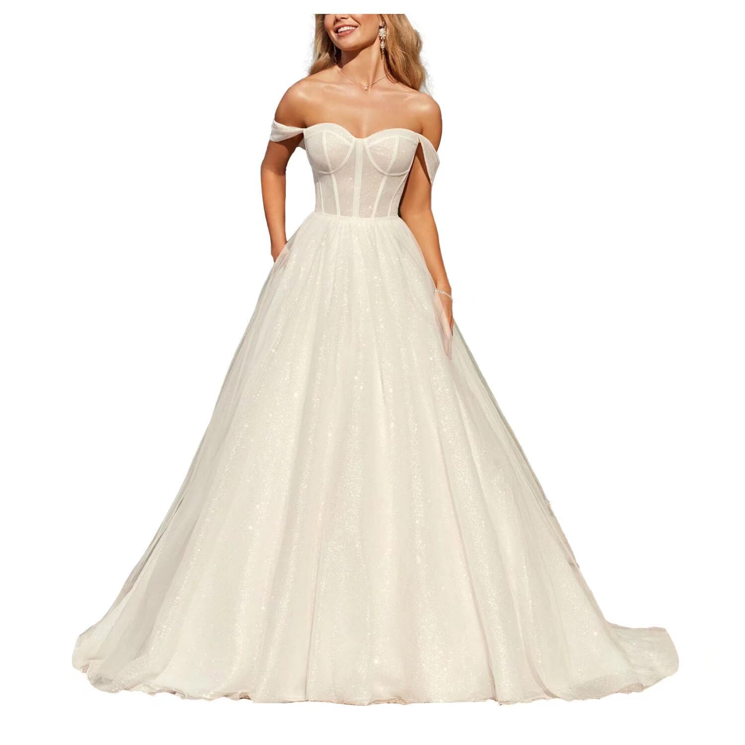 Off The Shoulder Tulle Wedding Dress for Bride - Sweetheart Neckline A-Line Corset Back Long Bridal Gown | Perfect for Beach Weddings, Church Ceremonies & Romantic Photoshoots