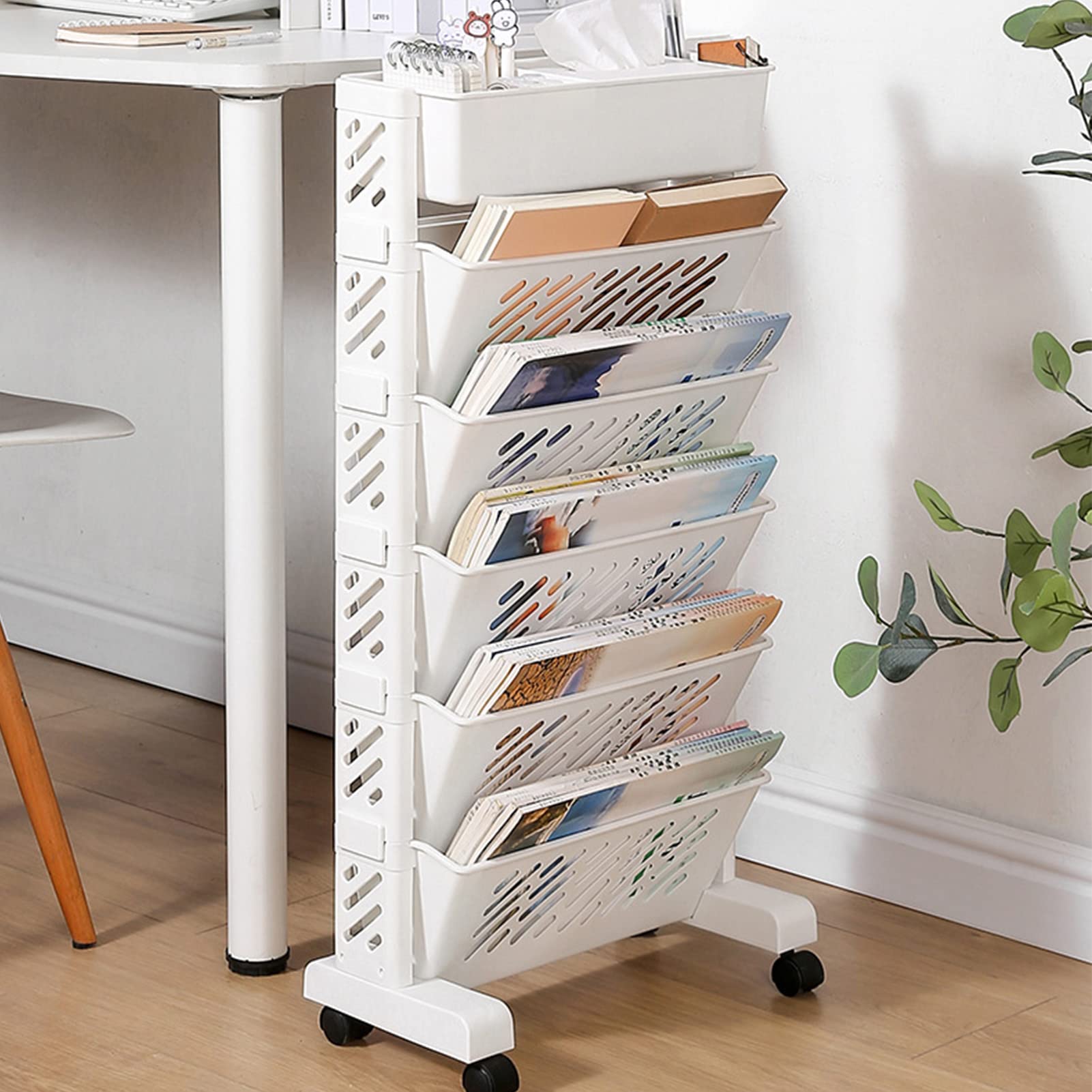 6-Tier Rotating Bookshelf with Wheels - Large Capacity Mobile Storage Organizer for Books, Files & Office Supplies | Perfect for Home, Office & Classroom Organization