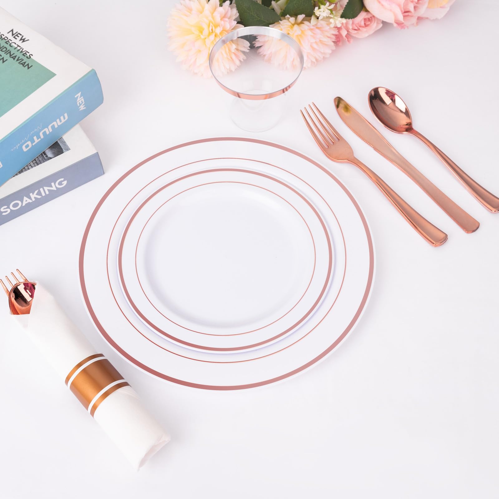 WELLIFE 350-Piece Rose Gold Plastic Party Tableware Set - 100 Disposable Plates, 150 Silverware, 50 Napkins & 50 Cups for 50 Guests | Elegant Dinnerware for Weddings, Birthdays, Baby Showers & Special Events