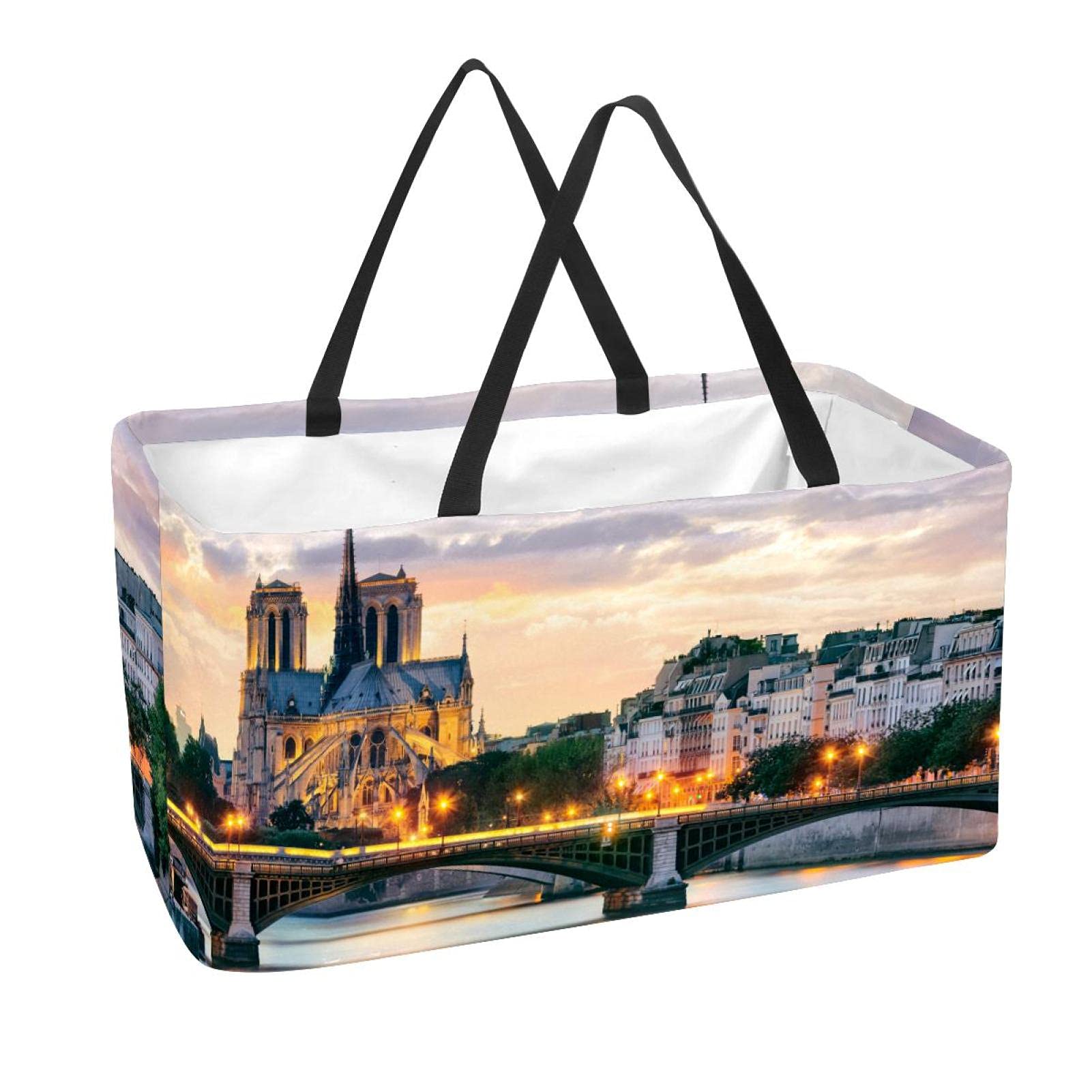 50L Notre Dame Paris Collapsible Shopping Tote Bag - Reusable Grocery Bags with Handles for Supermarket, Travel & Picnic