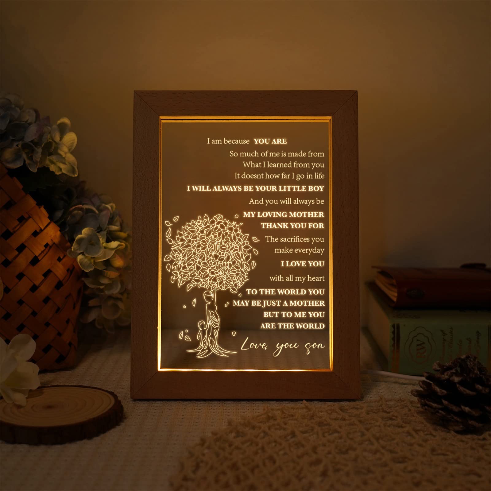 Personalized Acrylic Night Light - Custom Engraved Birthday Gift for Mom from Son, Thoughtful Mother's Day & Christmas Present, USB-Powered Low Energy Night Lamp (8.7