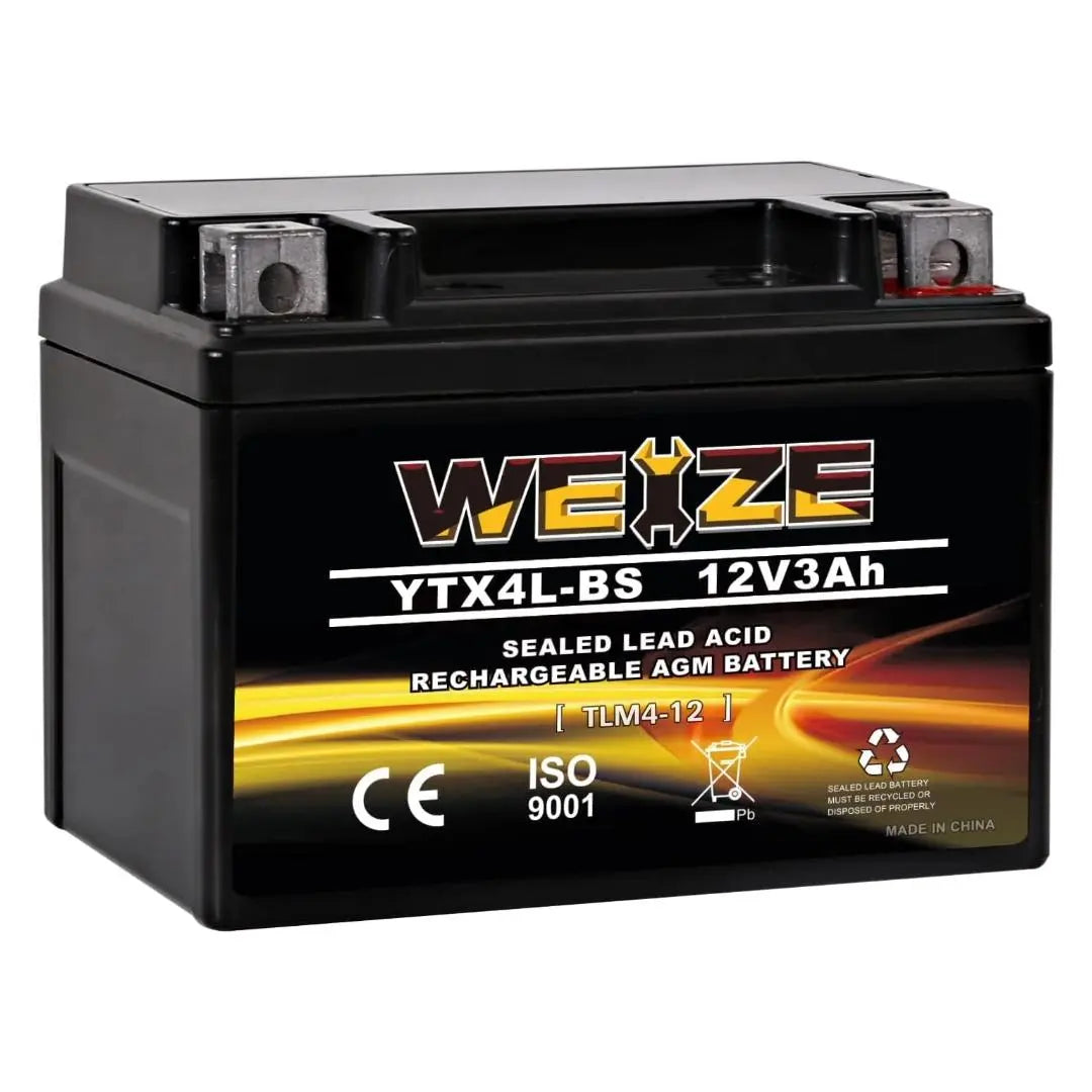 WEIZE YTX4L-BS 12V 3Ah High Performance AGM Sealed Motorcycle Battery - Compatible with Polaris Scrambler, Sportsman 90, Honda NQ50 Spree, Kawasaki 110, Can-Am DS70, Yamaha TTR125E/LE - Perfect for ATVs, Scooters & Dirt Bikes - Maintenance-Free & Long-Lasting Power Solution