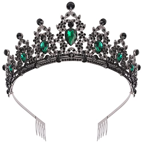 KICOSY Baroque Queen Crown & Rhinestone Princess Tiara for Women and Girls - Elegant Comb Headband for Masquerade, Bachelorette Parties, Cosplay, Halloween Costumes & Ball Hair Accessories (Black/Green) - Perfect for Royal-Themed Events, Birthday Celebrations & Photo Shoots