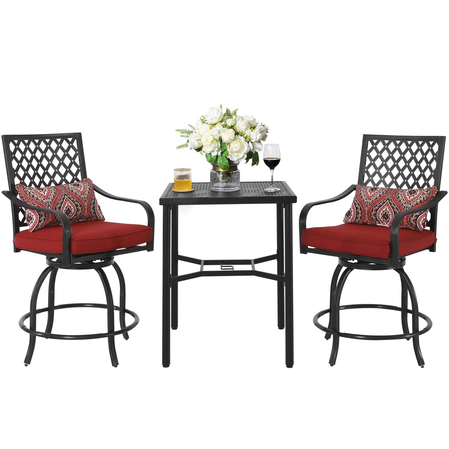 Nuu Garden 3-Piece Swivel Patio Bar Set - Heavy Duty Iron Outdoor Furniture with Wide Bar Stools, Adjustable Height Chairs & Cushions - Perfect for Backyard, Poolside, Garden & Outdoor Entertaining (Red)
