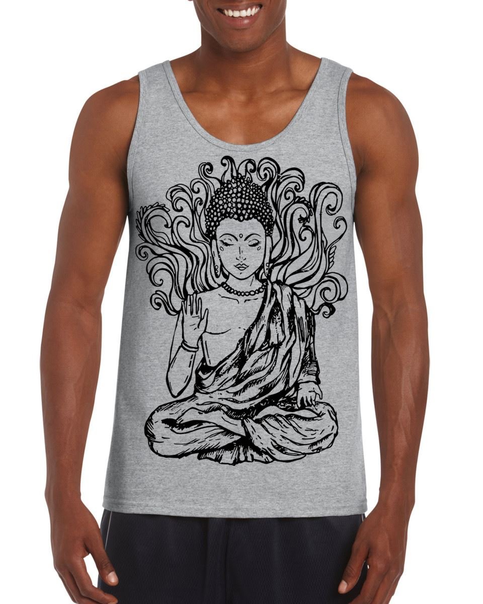 Buddha Design Tribal T-Shirts - Large Print Men's Vest Tank Top for Yoga, Meditation & Summer Streetwear