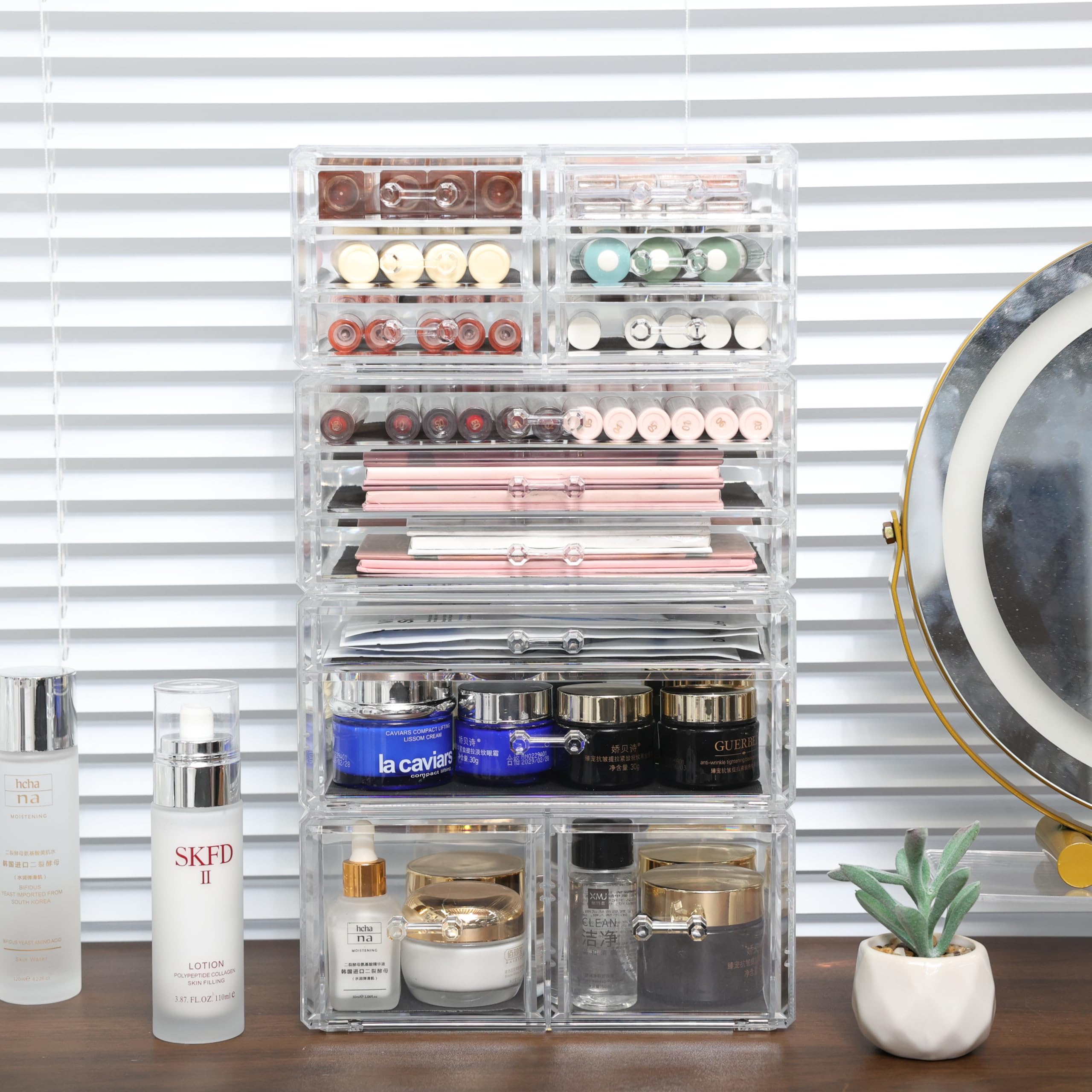 4-Pack Clear Acrylic Drawer Organizer - Stackable 13-Drawer Makeup Storage Cube for Dresser, Hair Clips & Beauty Products - Perfect for Vanity, Bathroom & Desk Organization (13.5