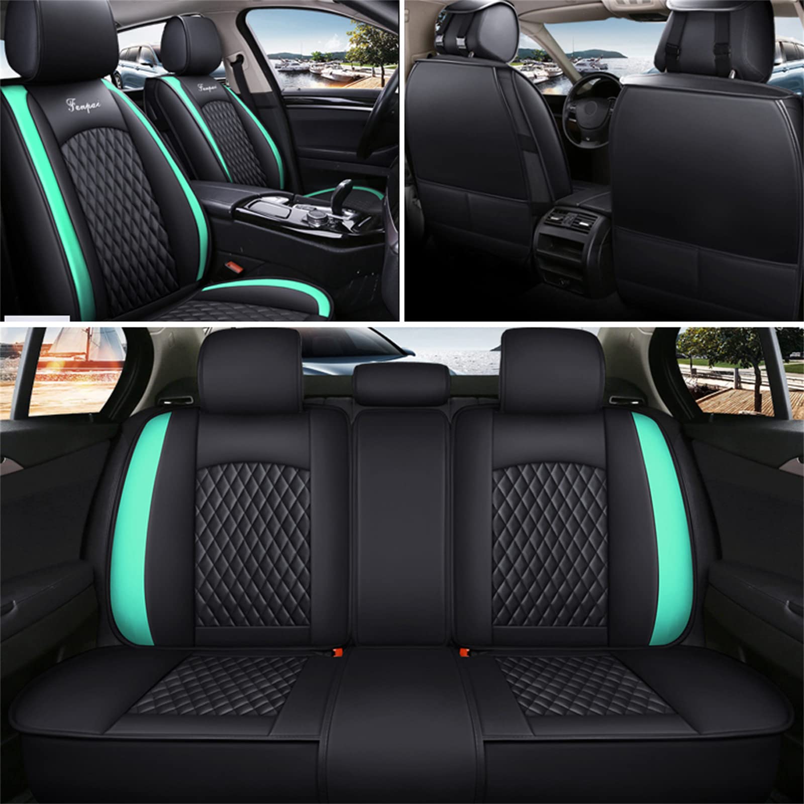 Waterproof Leather Car Seat Covers Full Set for Kia Soul EV 2015-2019 - Front & Rear Seat Protectors, Black & Green (CT08) | Perfect for Daily Commuting, Road Trips & Pet Protection