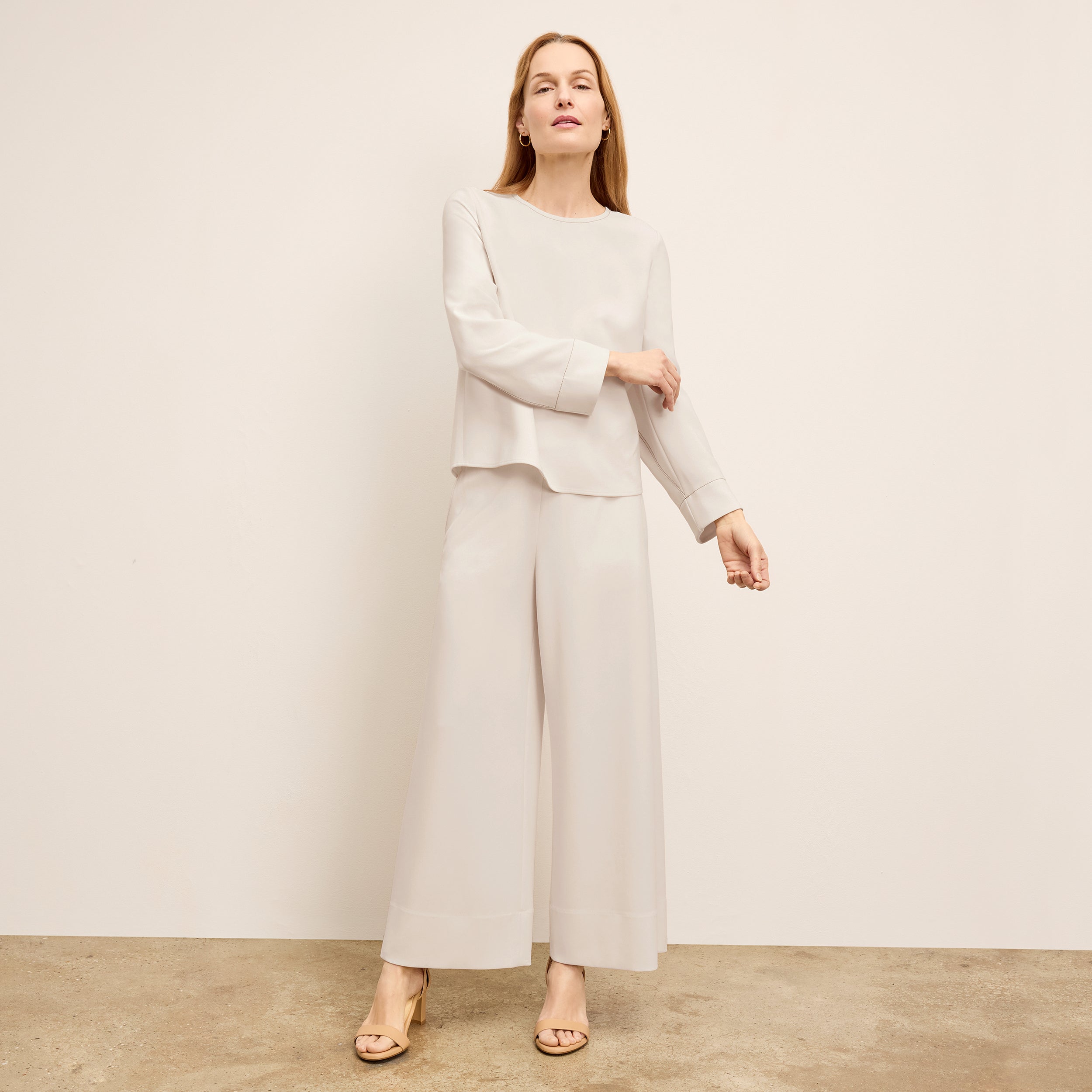 Elena Culotte Everyday Crepe Pants with Topstitch Detail - Comfortable Eggshell Women's Trousers for Work, Office & Casual Wear