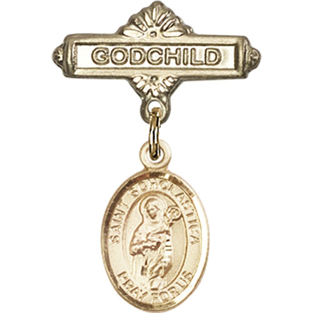 St. Scholastica Gold Filled Baby Badge Pin - 1 X 5/8 Inch Godchild Charm - Perfect for Baptism Gifts, Christening Jewelry & Baby Keepsakes